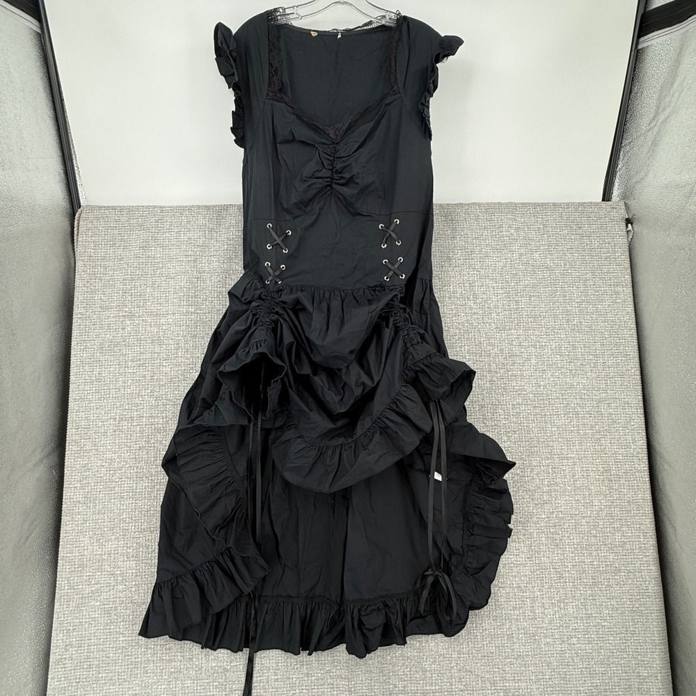 Corset Bustle Dress Women XL Black Lace Up Ruffle Goth Whimsigoth Cosplay SAS